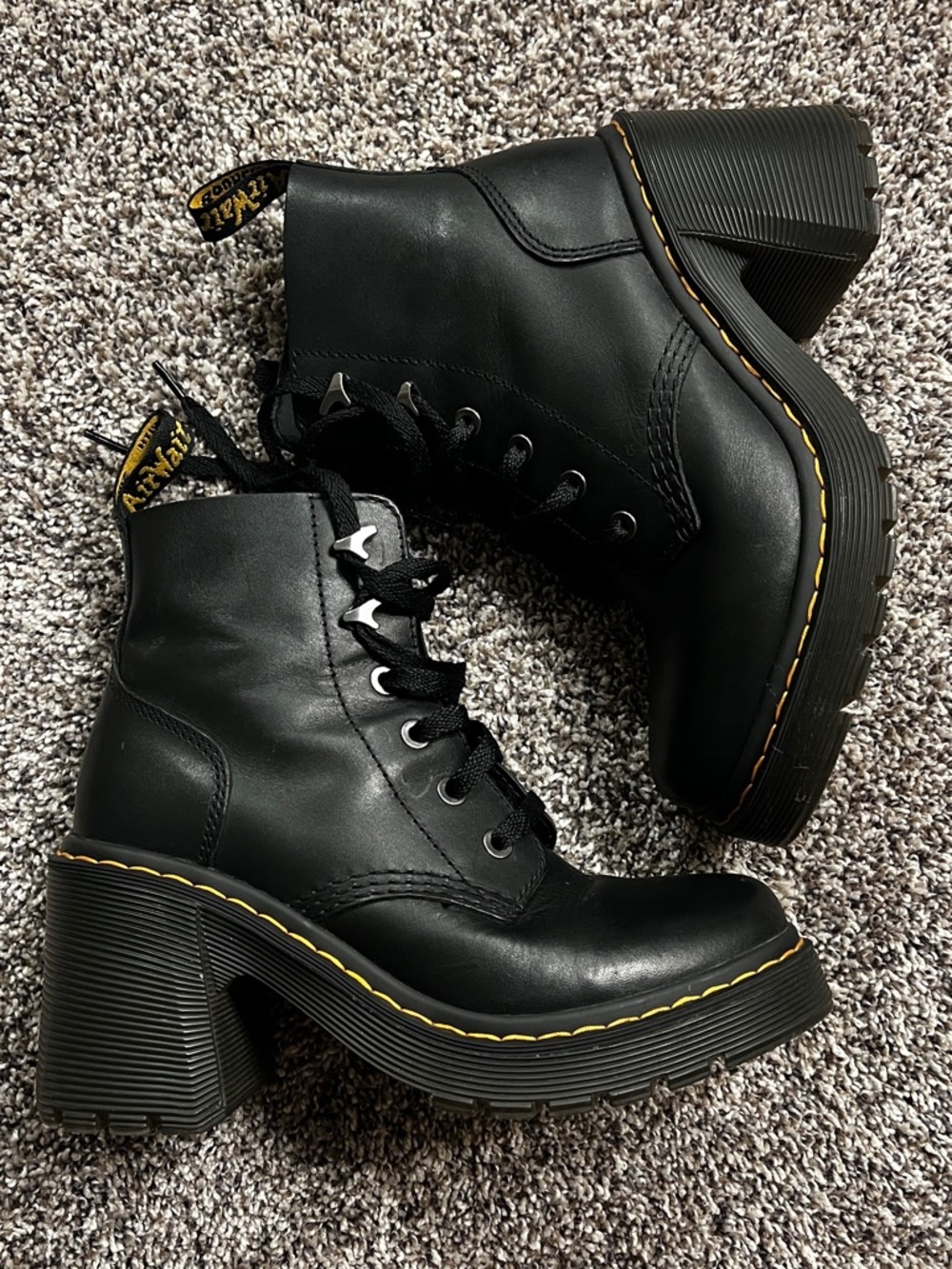 Dr. Martens Black Leather Lace-Up Chunky Heel Ankle Boots with Yellow Stitching
